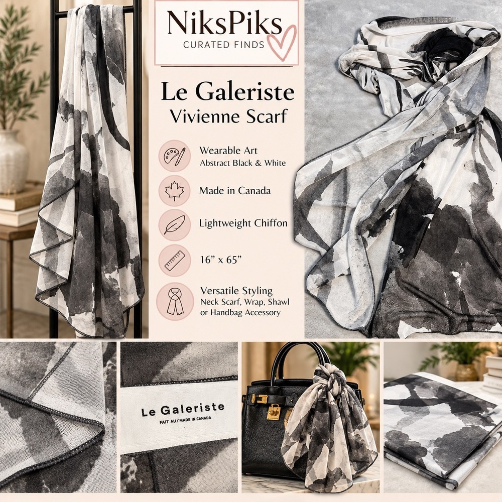 Le Galeriste Vivienne Scarf Black White Wearable Art Chiffon Canada 16x65